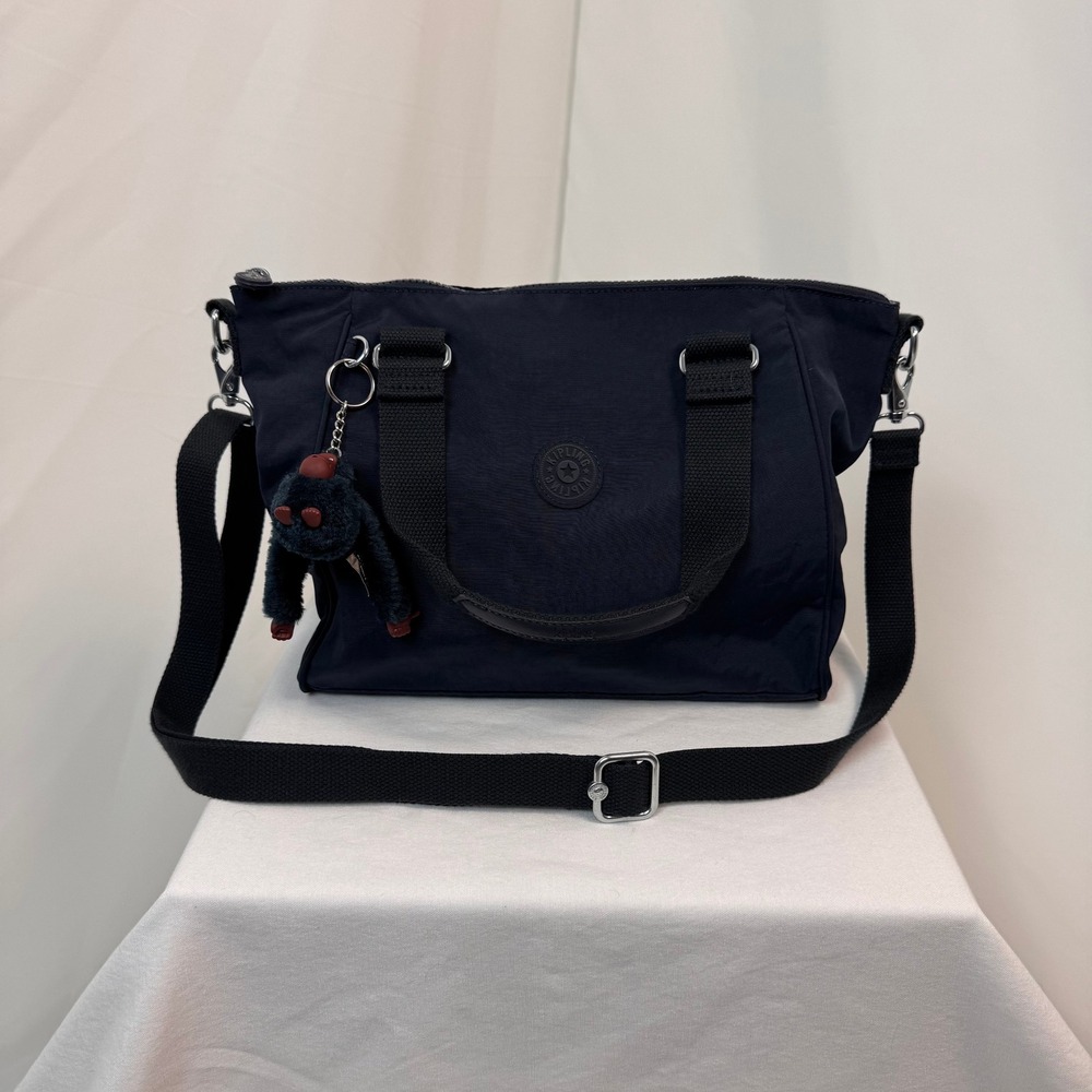 Kipling Satchel Handbag Women Medium Navy Blue Nylon Crossbody with Bag Charm